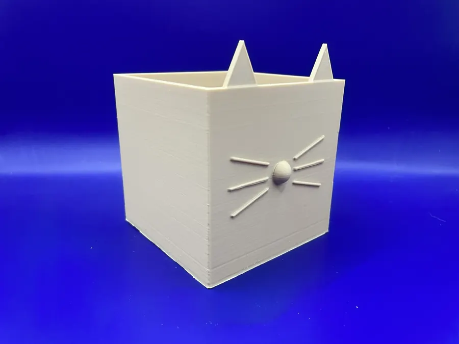 Boîte de rangement décorative en forme de chat, imprimée en 3D, avec oreilles et moustaches gravées.