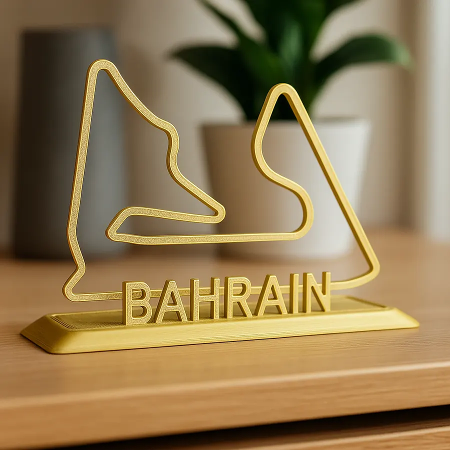 Sculpture décorative imprimée en 3D représentant le circuit de Bahrain en Formule 1, sur un socle avec le nom du circuit.