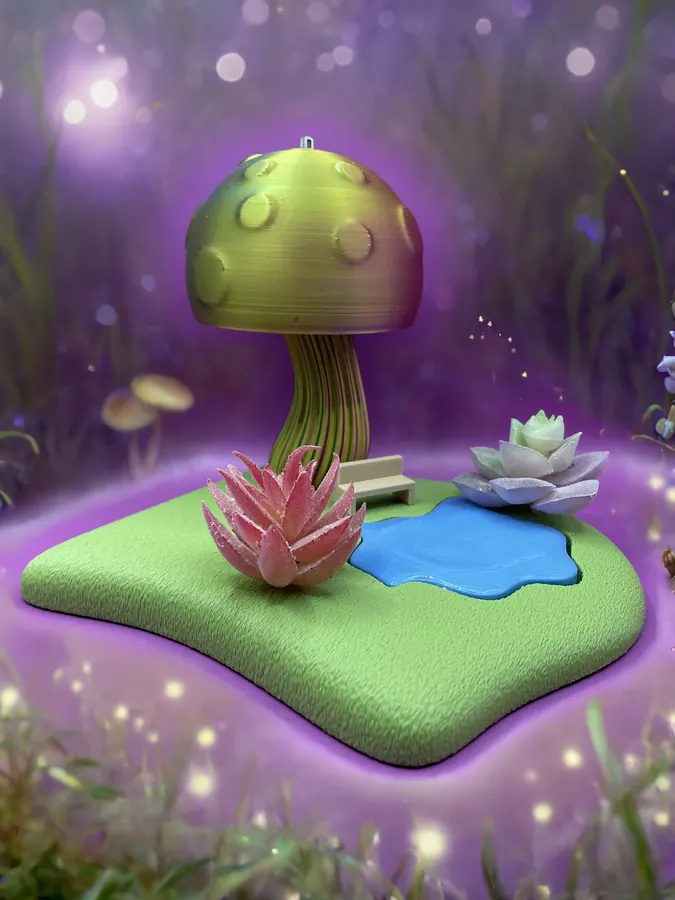 Scène miniature lumineuse avec grand champignon, petit bassin et plantes décoratives, style jardin enchanté.