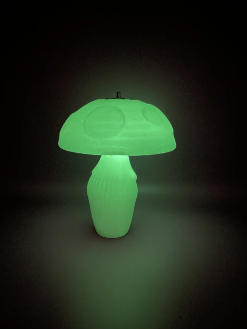 Lampe champignon magique phosphorescente, émettant une lumière verte dans l’obscurité.