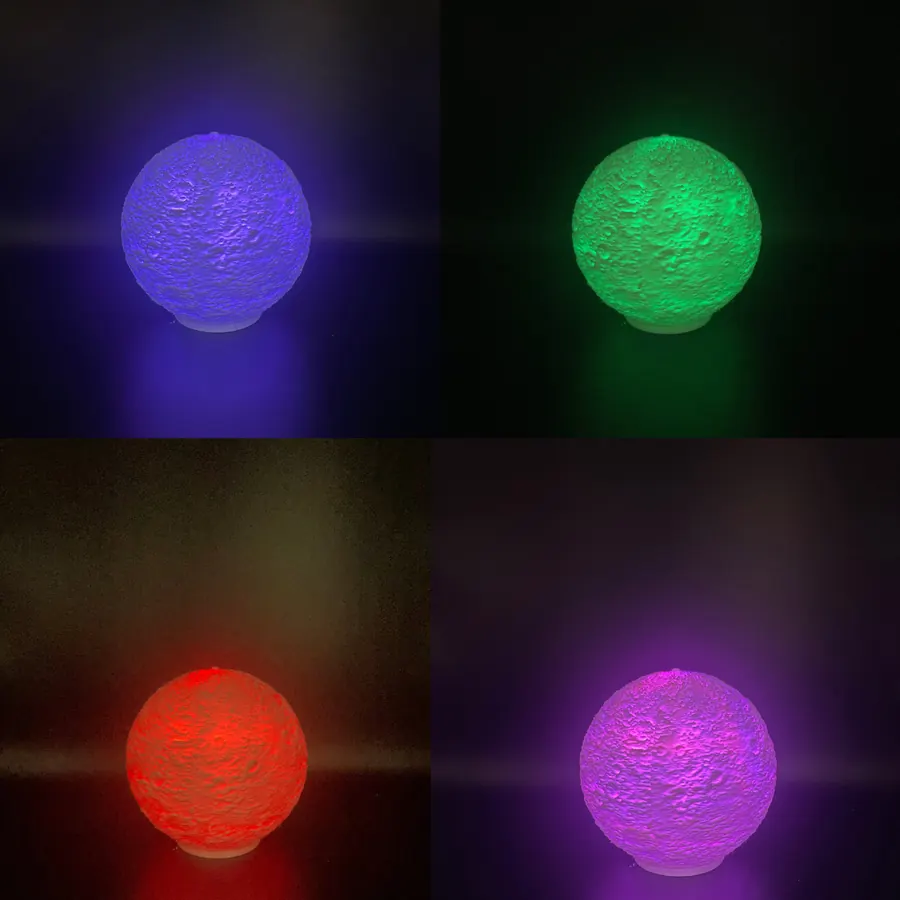 Veilleuse lune 3D imprimée, éclairage doux, sur trépied, effet lune réaliste.