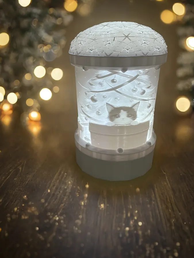 Lampe décorative 3D — tube lithophanie illuminé avec motif d’un chat, effet lumineux doux.