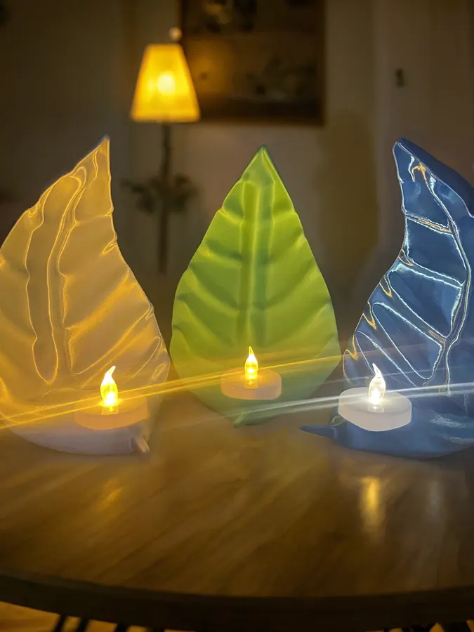 Set de trois porte-bougies décoratifs en forme de feuilles, imprimés en 3D, support pour bougie LED.