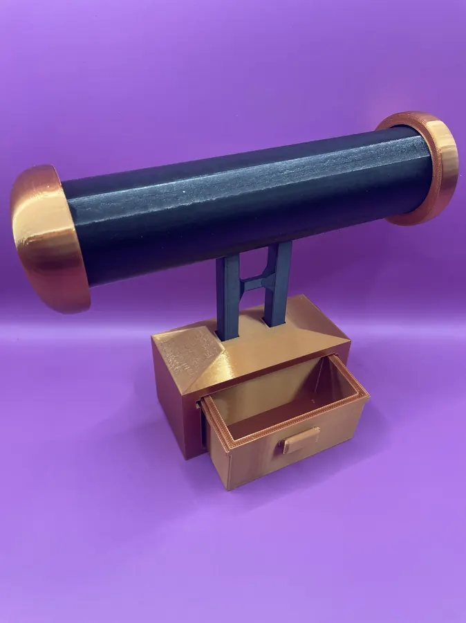 Support montre imprimé en 3D, version noire et bronze, avec tiroir de rangement.