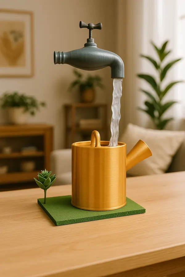 Sculpture imprimée en 3D représentant un robinet flottant versant un jet d'eau figé.